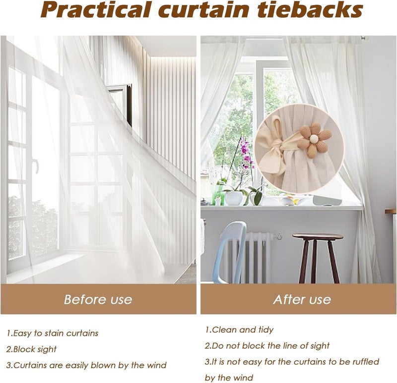 SRG 4PCS Curtain Tiebacks | Boho Flower Curtain Holdbacks | Simple Elegant Sunflower Curtain Holders | Boho Bedroom Decor（2Pcs Cream&2Pcs Khaki） - Image 5